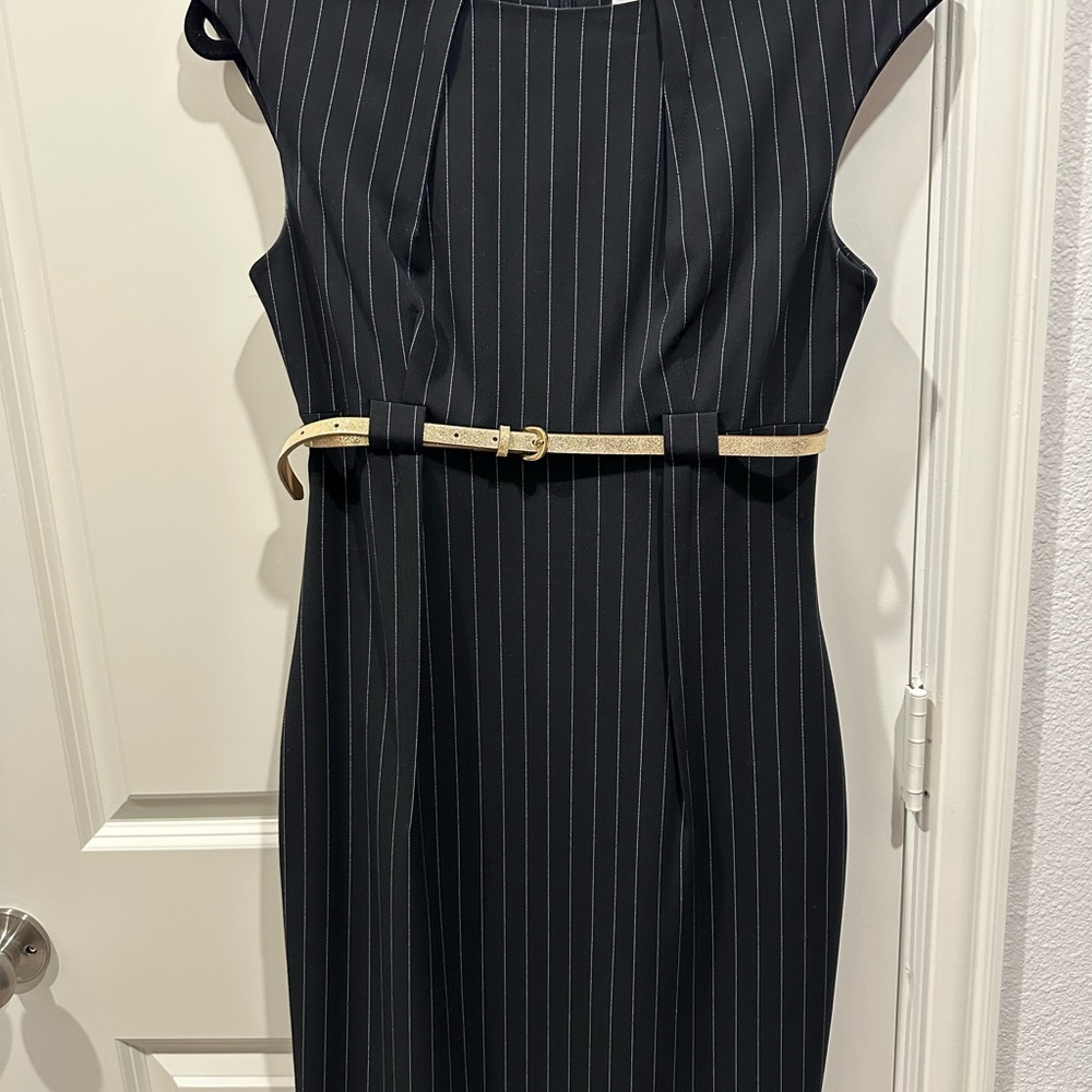 Calvin Klein Black Pinstripe Dress with Belt Size 4